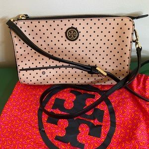 Tory Burch Kerrington Crossbody Polka Dot Tan Blush Black like new!